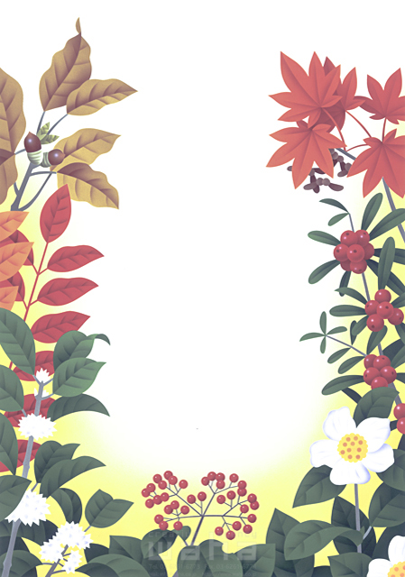イラスト＆写真のストックフォトwaha（ワーハ）　カネヒラヤスコ、樹木、葉、花、果実、メッセージボード　カネヒラ・ヤスコ　8-1425c
