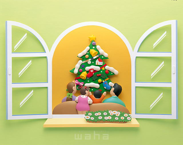 イラスト＆写真のストックフォトwaha（ワーハ）　リビング、家族、親子、クリスマスツリー、クラフト　石原 均　9-0128c