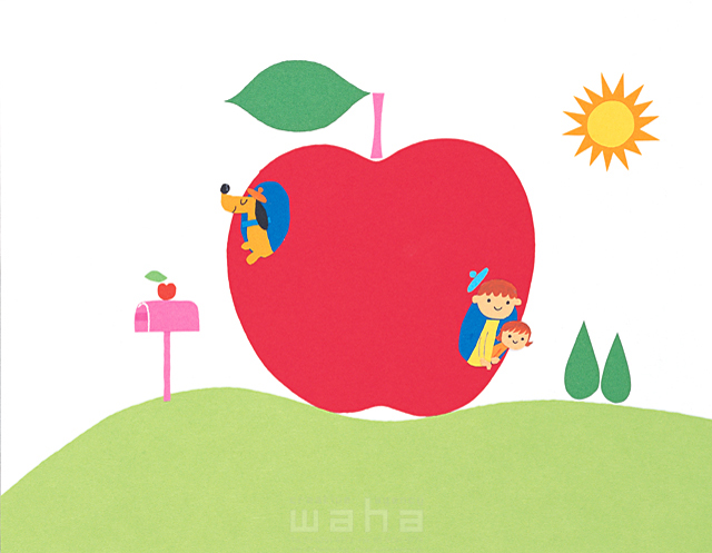 イラスト＆写真のストックフォトwaha（ワーハ）　家、マンション、子供、樹木、葉、花、果実、りんご　大野 和夫　9-1687b