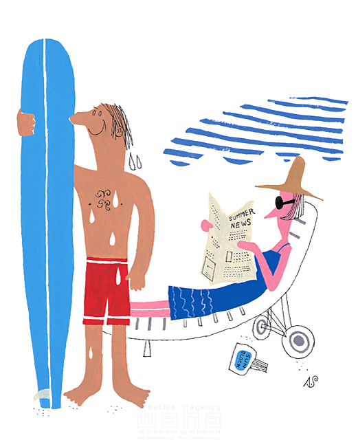 イラスト＆写真のストックフォトwaha（ワーハ）　夏、夫婦、サーフィン、海水浴、ビー　ソリマチ アキラ　9-1744b
