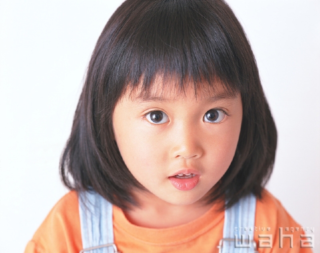 イラスト＆写真のストックフォトwaha（ワーハ）　人物、日本人、子供、白バック、正面、上半身、顔、アップ、スタジオ、白バック、ポーズ、幼児、見つめる、無邪気、子ども、こども　p2-0049b