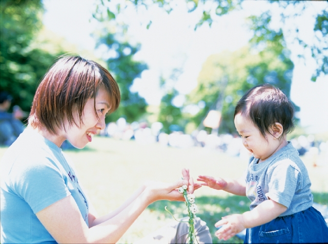 イラスト＆写真のストックフォトwaha（ワーハ）　人物、日本人、親子、2人、母、赤ちゃん、屋外、草原、遊ぶ、花、上半身、横向き、あそぶ、あそび、遊ぶ、遊び　p3-1013b