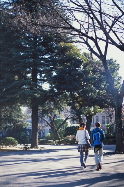 イラスト＆写真のストックフォトwaha（ワーハ）　人物、日本人、大学生、学生、街イメージ、屋外、後ろ姿、後姿、背中、2人、友達、歩く、樹木、後姿、後ろ姿、うしろ姿、背中、街並み、街並　p5-0799b