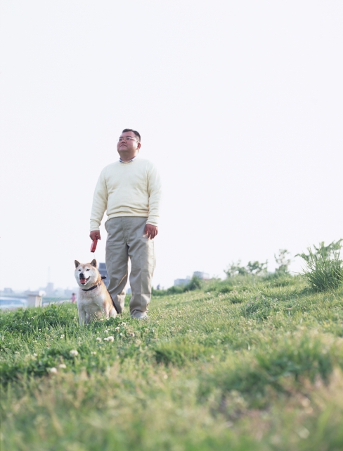 イラスト＆写真のストックフォトwaha（ワーハ）　人物、日本人、散歩、ペット、中高年、夢、考える、屋外、正面、全身、男性、犬、土手、広場、見つめる、草原　p8-1303b