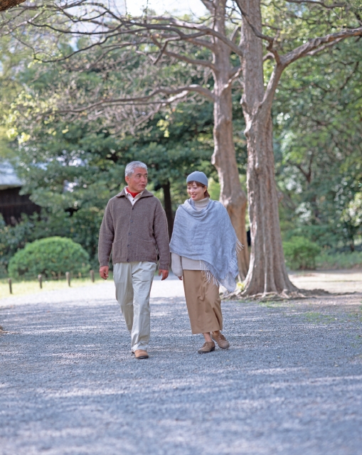 イラスト＆写真のストックフォトwaha（ワーハ）　人物、日本人、散歩、夫婦、中高年、屋外、正面、全身、2人、男性、女性、庭園、歩く、会話　p8-1350b