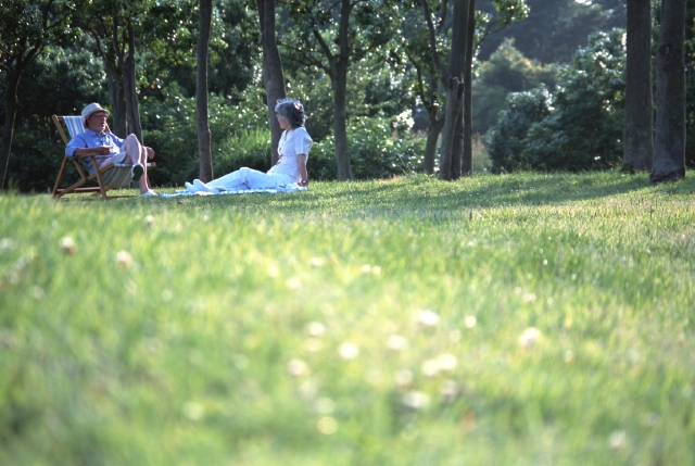 イラスト＆写真のストックフォトwaha（ワーハ）　人物、日本人、夫婦、シニア、公園、屋外、横向き、横顔、全身、ローアングル、2人、男性、女性、リラックス、休憩、レジャー、アウトドア、広場、椅子、リゾート、涼しい野原　p8-1573bv