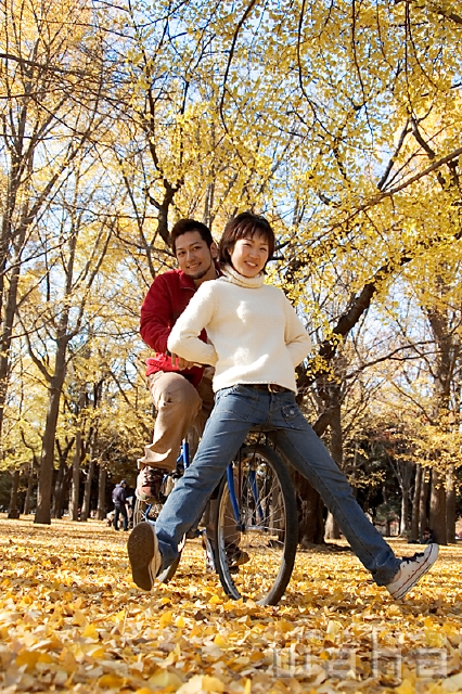 イラスト＆写真のストックフォトwaha（ワーハ）　人物、日本人、秋、公園、カップル、自転車、季節、四季、季節、四季　pg3-0009b