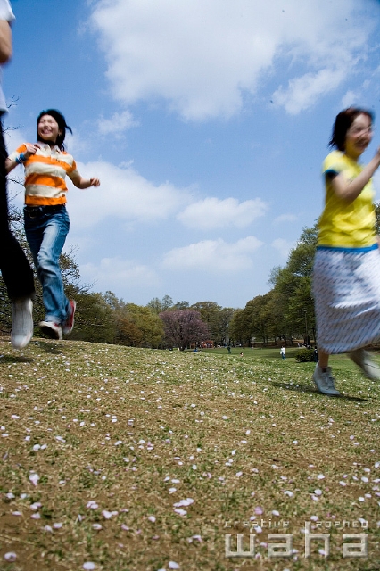 イラスト＆写真のストックフォトwaha（ワーハ）　人物、日本人、若者、走る、公園、春、正面、全身、ローアングル、ブレ、グループ、仲間、競争、駆けっこ、遊ぶ、青空、楽しい、あそぶ、あそび、遊ぶ、遊び、季節、四季　t8yg-0204b