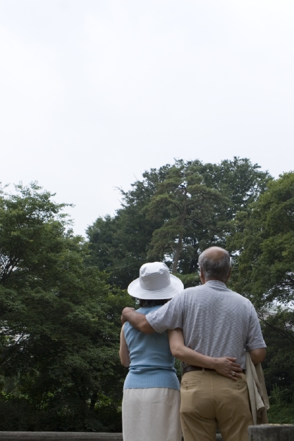 イラスト＆写真のストックフォトwaha（ワーハ）　人物、日本人、男性、女性、夫婦、シニア、2人、屋外、公園、上半身、後ろ姿、手をつなぐ、散歩、さんぽ、後姿、後ろ姿、うしろ姿、背中、電車、こども、子ども、子供　w1-3864bv