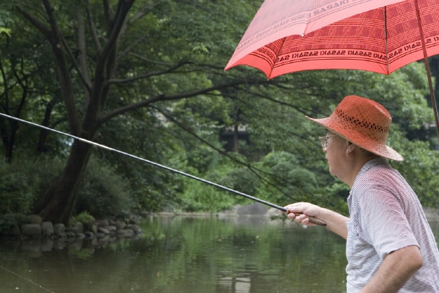 イラスト＆写真のストックフォトwaha（ワーハ）　人物、日本人、男性、シニア、1人、屋外、川、公園、趣味、釣り、横向き、帽子、待つ、しゅみ、趣味、ホビー、かさ、傘、池、湖、電車、こども、子ども、子供　w1-3944bv