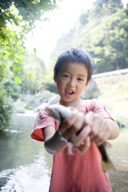 イラスト＆写真のストックフォトwaha（ワーハ）　人物、日本人、子供、男の子、1人、屋外、川、レジャー、遊ぶ、持つ、魚、アウトドア、自然、水遊び、あそび、遊び、遊ぶ、あそぶ　w1-4049bv