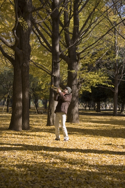 イラスト＆写真のストックフォトwaha（ワーハ）　人物、日本人、男性、20代、30代、40代、1人、屋外、公園、森、秋、紅葉、趣味、楽器、音楽、演奏、全身、季節、四季　w1-4235bv