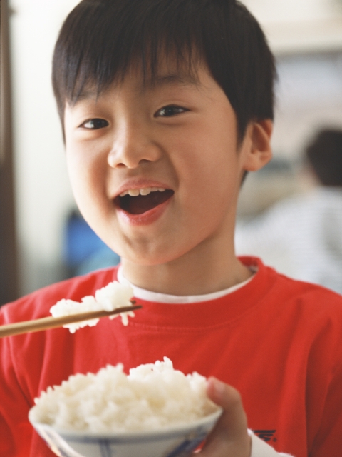 イラスト＆写真のストックフォトwaha（ワーハ）　人物、日本人、子供、男の子、1人、屋内、住宅、家、ダイニング、食事、食べる、食べ物、米、和食、箸、正面、アップ、顔　w1-4430bv