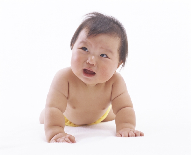 イラスト＆写真のストックフォトwaha（ワーハ）　人物、日本人、赤ちゃん、1人、ハイハイ、見上げる、泣く、全身、白バック、泣き顔　w1-5551bv