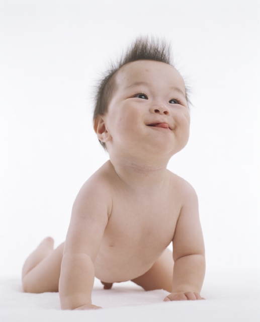 イラスト＆写真のストックフォトwaha（ワーハ）　人物、日本人、赤ちゃん、1人、ハイハイ、見上げる、笑顔、全身、白バック、ポートレート、笑顔、笑い、笑う、スマイル　w1-5559b