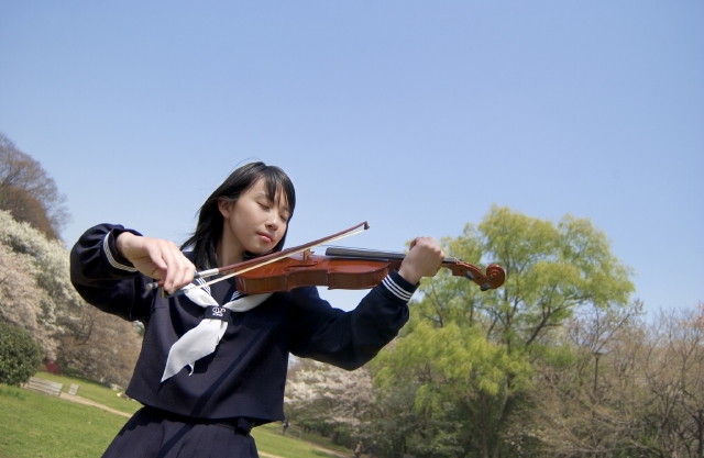 イラスト＆写真のストックフォトwaha（ワーハ）　人物、日本人、女性、10代、学生、高校生、中学生、女子高生、制服、セーラー服、1人、屋外、公園、草原、春、桜、楽器、演奏、部活、青春、ローアングル、バイオリン、季節、四季　w1-6059bv