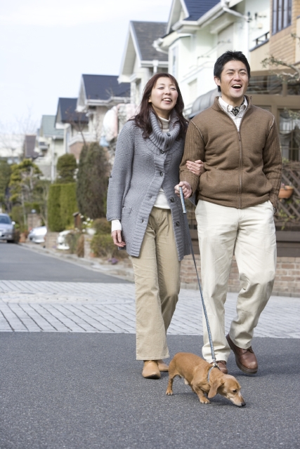 イラスト＆写真のストックフォトwaha（ワーハ）　人物、日本人、家族、夫婦、30代、2人、ペット、犬、屋外、町、住宅街、散歩、全身　w2-5326b