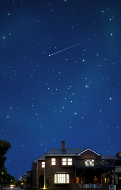 イラスト＆写真のストックフォトwaha（ワーハ）　住宅、家、屋外、夜、星、星空、流れ星　w2-5773a