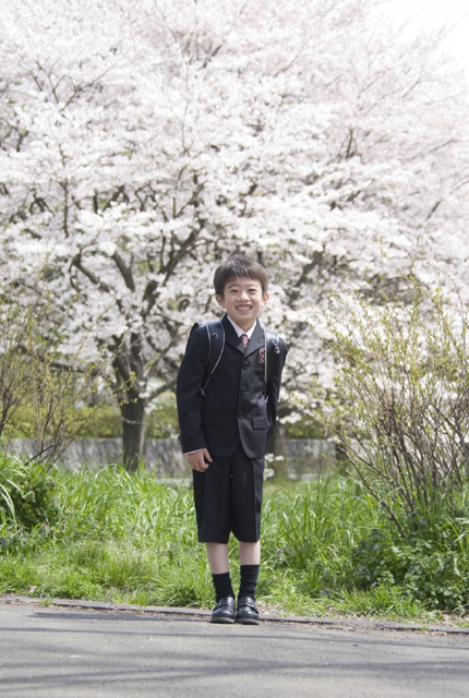 イラスト＆写真のストックフォトwaha（ワーハ）　人物、日本人、学生、小学生、男の子、1人、屋外、春、入学、桜、通学、全身、正面、笑顔、子供、子ども、こども、笑顔、笑い、笑う、スマイル、季節、四季　w2-7257b