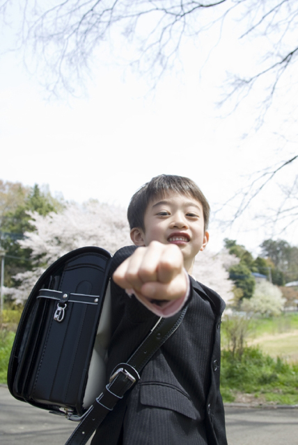イラスト＆写真のストックフォトwaha（ワーハ）　人物、日本人、学生、小学生、男の子、1人、屋外、春、入学、桜、通学、ポーズ、パンチ、上半身、子供、子ども、こども、季節、四季　w2-7259b
